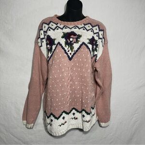 Russ Studio Women's VTG 90s L Pink Floral Chunky Cable Knit Cottage Sweater